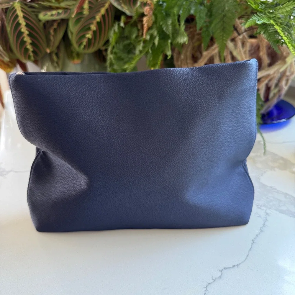 Lancome Paris Navy Blue Rose Embossed Cosmetic Makeup Bag Pouch Rose Gold Zip